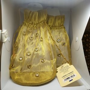 Lot of 2 Large Embroidered Yellow Gold Organza Mirrored Embellished Drawstring